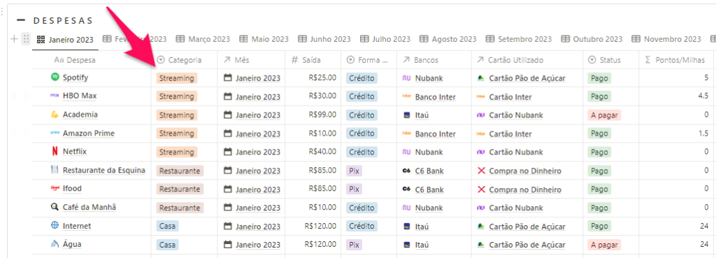 planilha de controle de despesas pessoais com categorização de gastos.