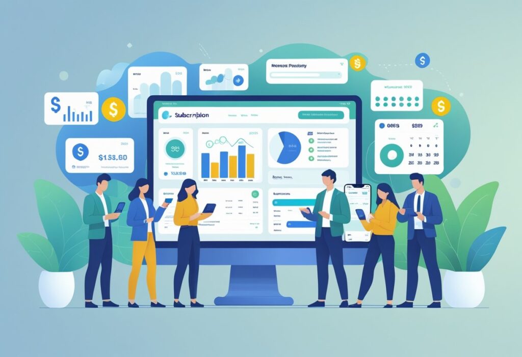 Pessoas usando dispositivos digitais com gráficos financeiros, representando a assinatura do FinFlux.