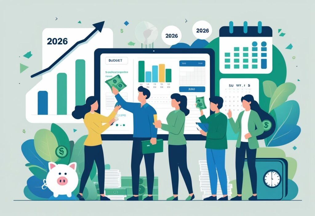 Pessoas realizando atividades para economizar dinheiro, como guardar moedas, revisar orçamento, usar cupom de desconto e apagar luz, com ícones de finanças e calendário ao fundo.