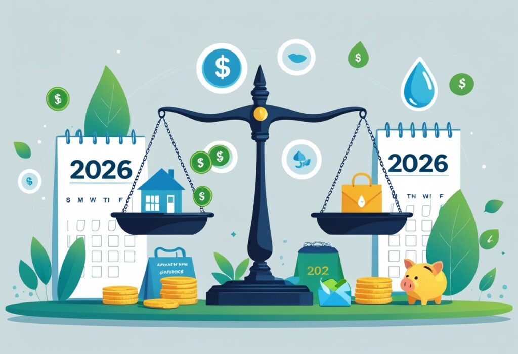 Balança equilibrando contas essenciais como casa e compras contra gastos supérfluos representados por sacolas de compras e gadgets, simbolizando a priorização de pagamentos importantes para economizar.